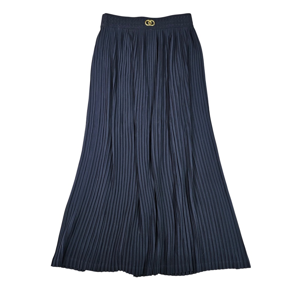 Vintage Navy Blue Pleated Maxi Skirt with Gold Accent Waistband Women's 26